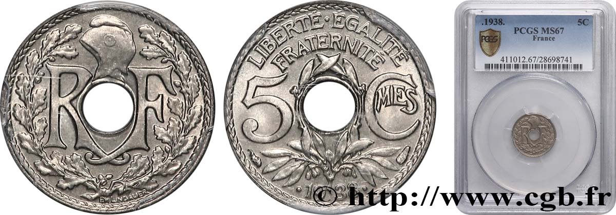5 centimes Lindauer, maillechort 1938 Paris F.123A/2 MS67 PCGS