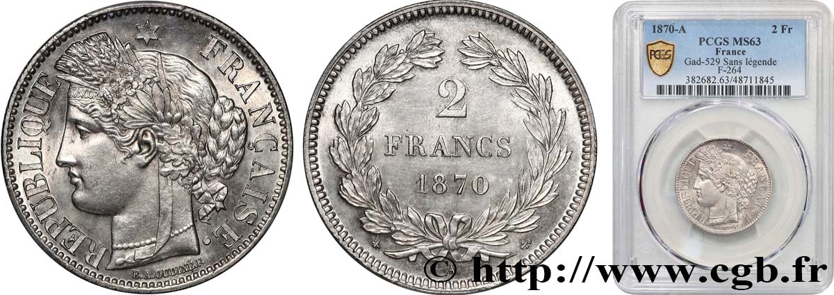 2 francs Cérès, sans légende 1870 Paris F.264/1 SPL63 PCGS