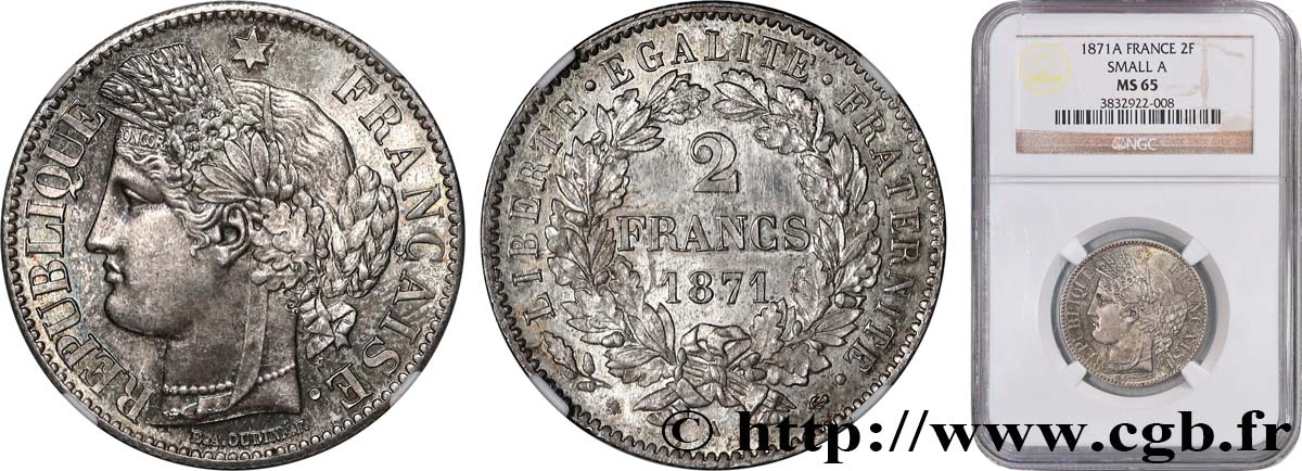 2 francs Cérès, avec légende 1871 Paris F.265/5 FDC65 NGC
