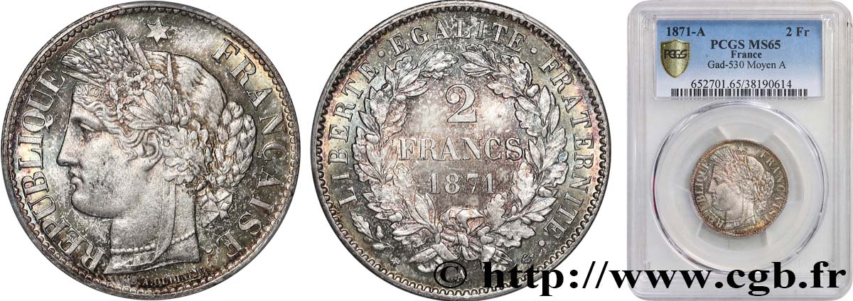2 francs Cérès, avec légende 1871 Paris F.265/4 FDC65 PCGS