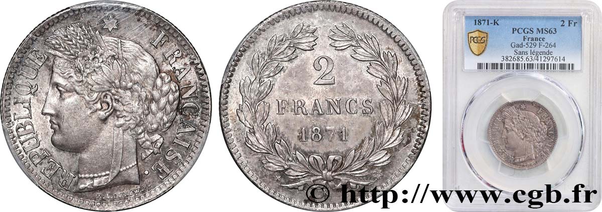 2 francs Cérès, sans légende 1871 Bordeaux F.264/4 SPL63 PCGS
