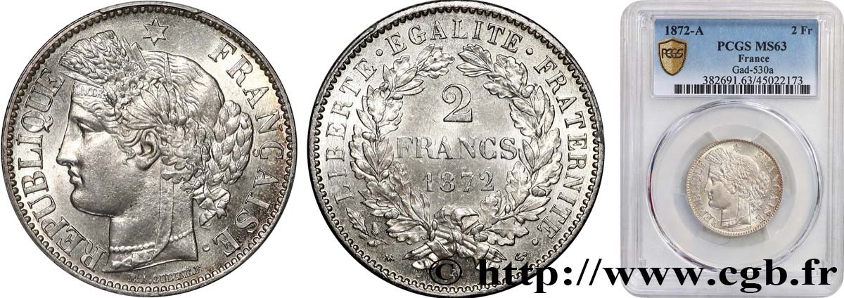 2 francs Cérès, avec légende 1872 Paris F.265/8 MS63 PCGS