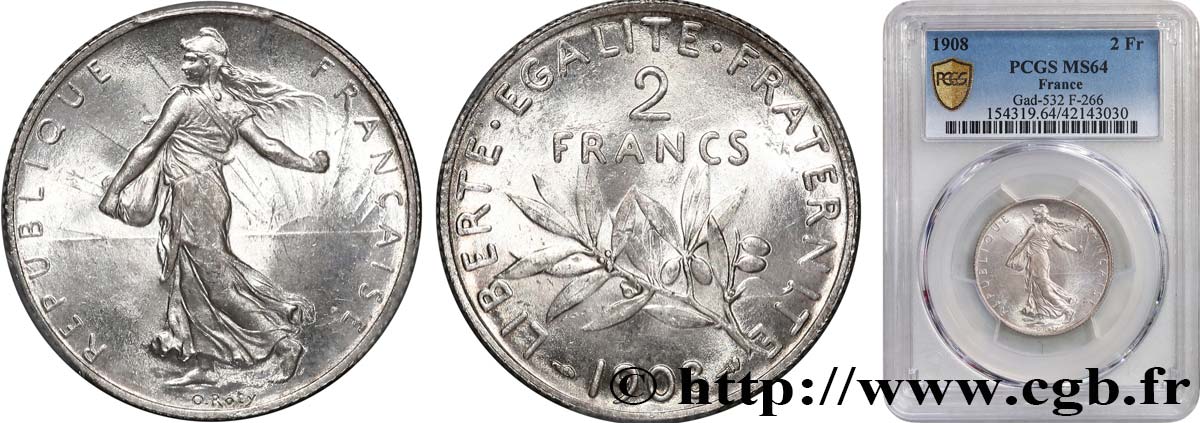 2 francs Semeuse 1908 Paris F.266/10 SPL64 PCGS