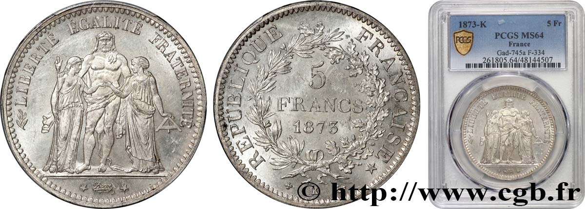 5 francs Hercule 1873 Bordeaux F.334/11 MS64 PCGS