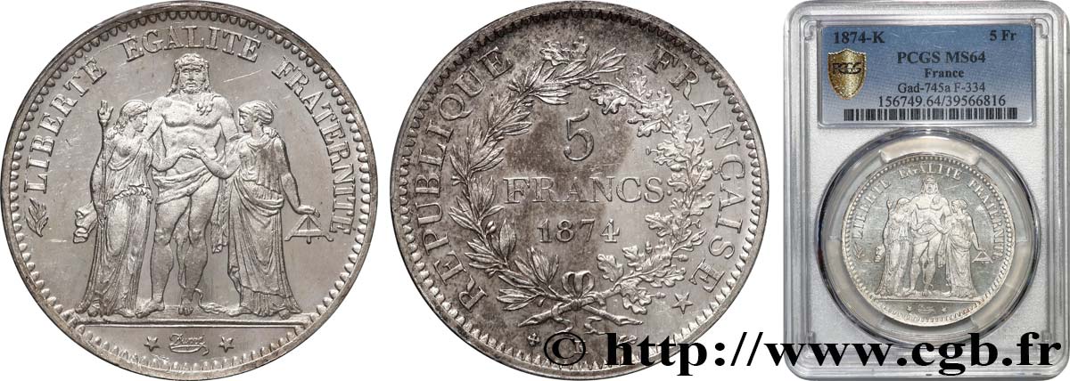 5 francs Hercule 1874 Bordeaux F.334/13 MS64 PCGS