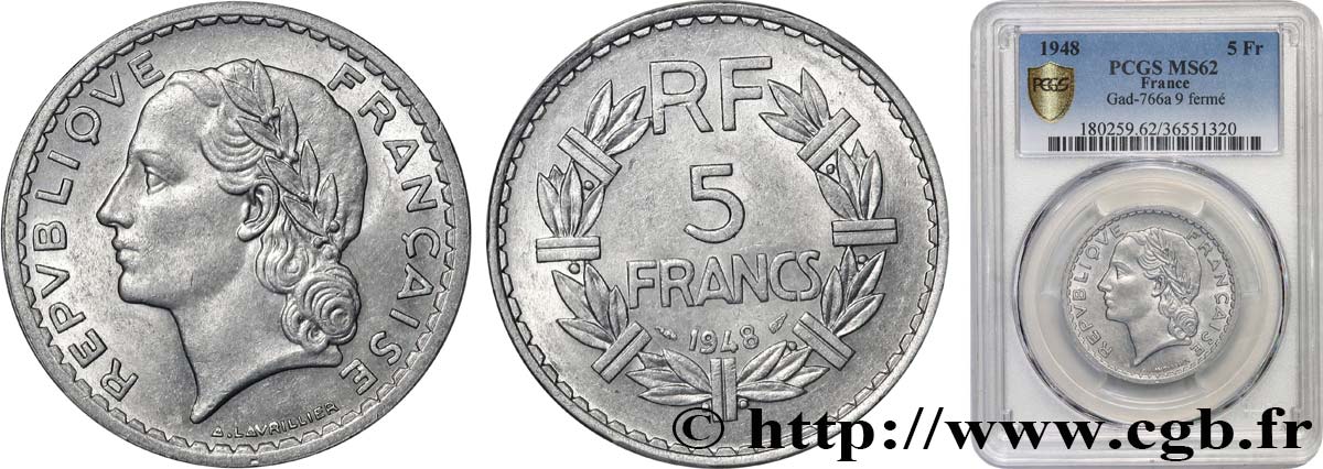 5 francs Lavrillier, aluminium, 9 fermé 1948  F.339/14 MS62 PCGS