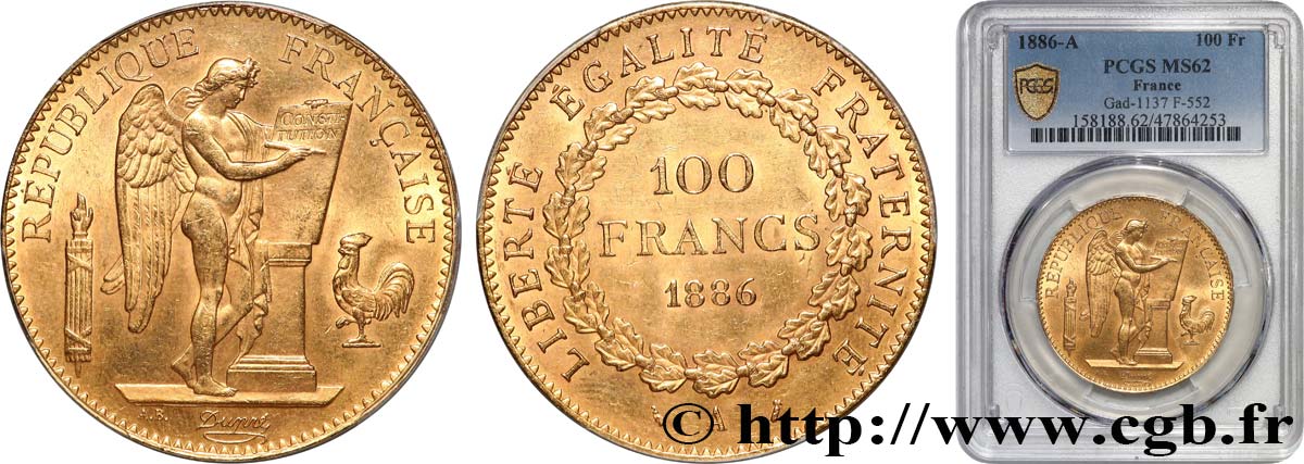 100 francs or Génie, tranche inscrite en relief Dieu protège la France 1886 Paris F.552/7 SUP62 PCGS