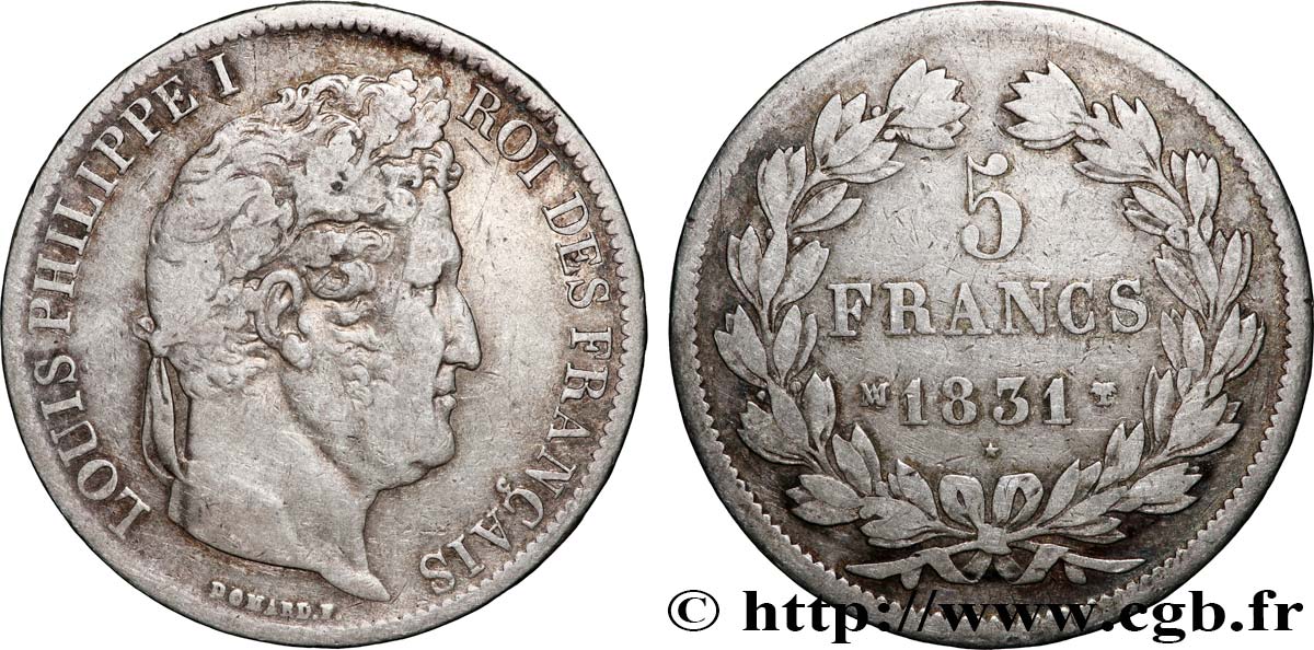 5 francs Ier type Domard, tranche en relief 1831 Marseille F.320/10 TB 