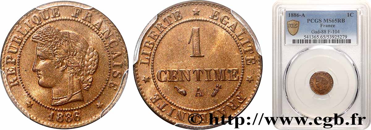 1 centime Cérès 1886 Paris F.104/13 MS65 PCGS