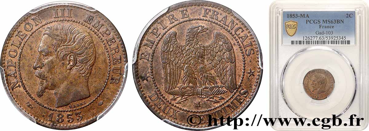 Deux centimes Napoléon III, tête nue 1853 Marseille F.107/7 SPL63 PCGS