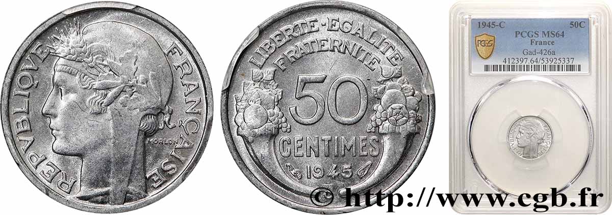 50 centimes Morlon, légère 1945 Castelsarrasin F.194/7 MS64 PCGS