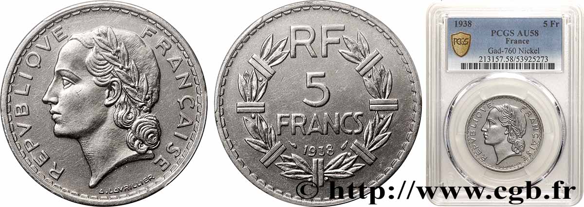 5 francs Lavrillier, nickel 1938  F.336/7 AU58 PCGS