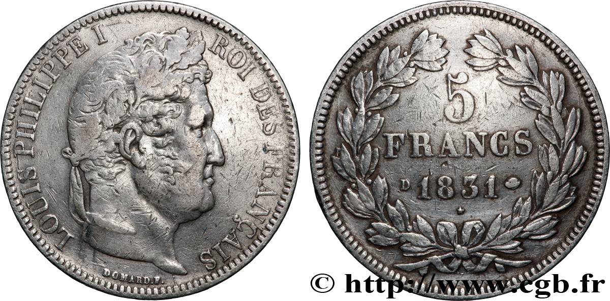 5 francs Ier type Domard, tranche en creux 1831 Lyon F.319/2 VF 
