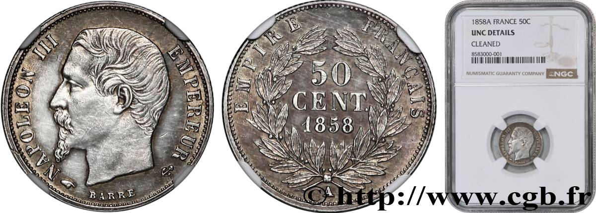 50 centimes Napoléon III, tête nue 1858 Paris F.187/9 MS PCGS