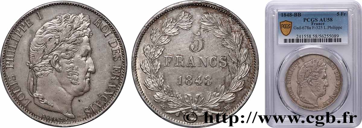 5 francs IIIe type Domard 1848 Strasbourg F.325/18 VZ58 PCGS