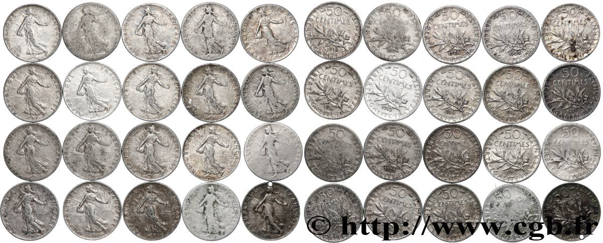 Lot de 20 pièces de 50 centimes Semeuse n.d. s.l. F.190/- G/AU 