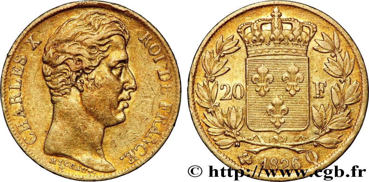 20 francs or Charles X, matrice du revers à quatre feuilles et demie 1826 Perpignan F.520/4 TTB 