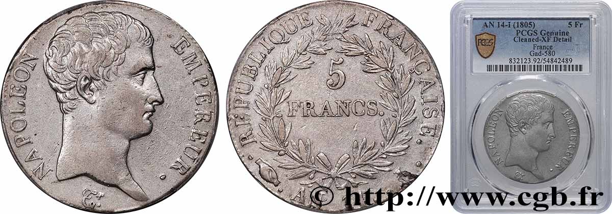 5 francs Napoléon Empereur, Calendrier révolutionnaire 1805 Limoges F.303/23 XF PCGS