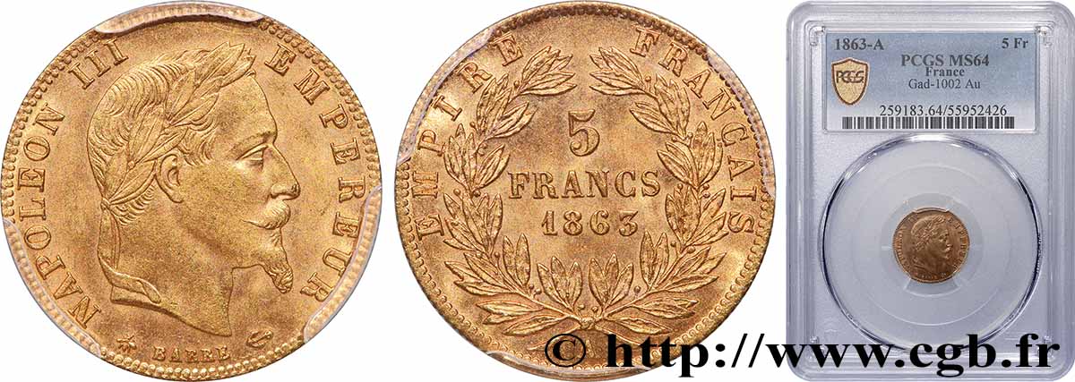 5 francs or Napoléon III, tête laurée 1863 Paris F.502/3 SPL64 PCGS