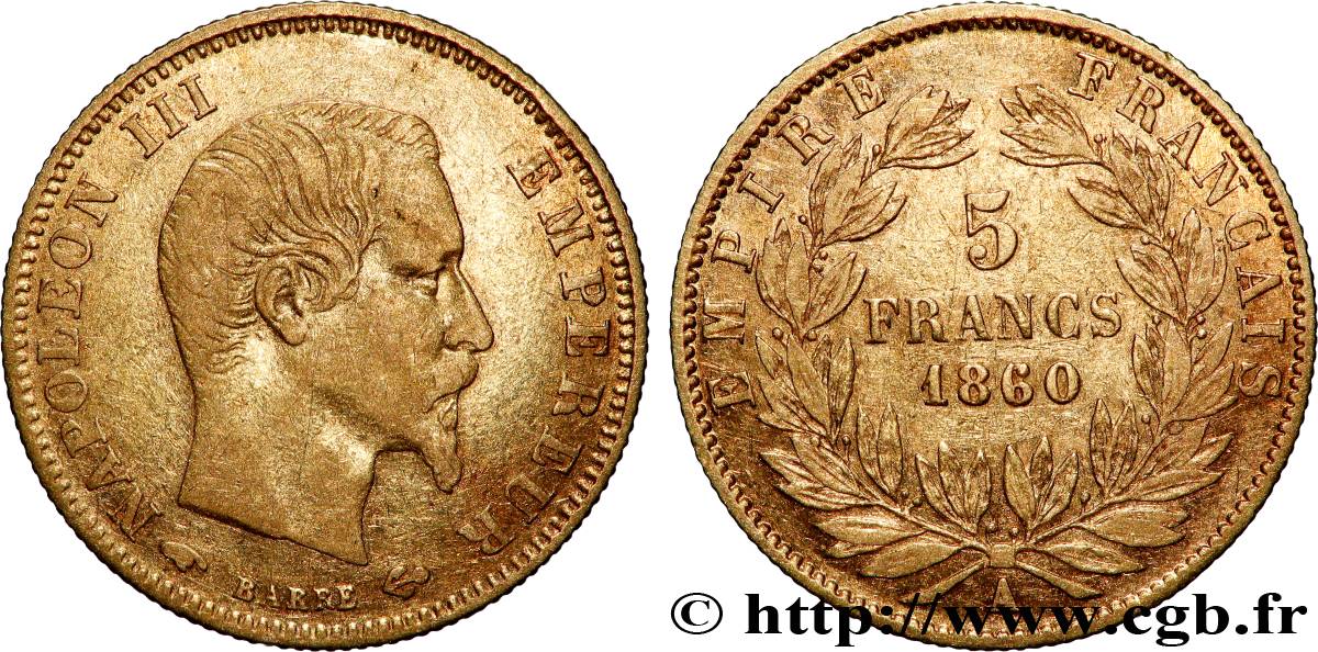 5 francs or Napoléon III, tête nue, grand module, 60/50 1860 Paris F.501/9 VF 