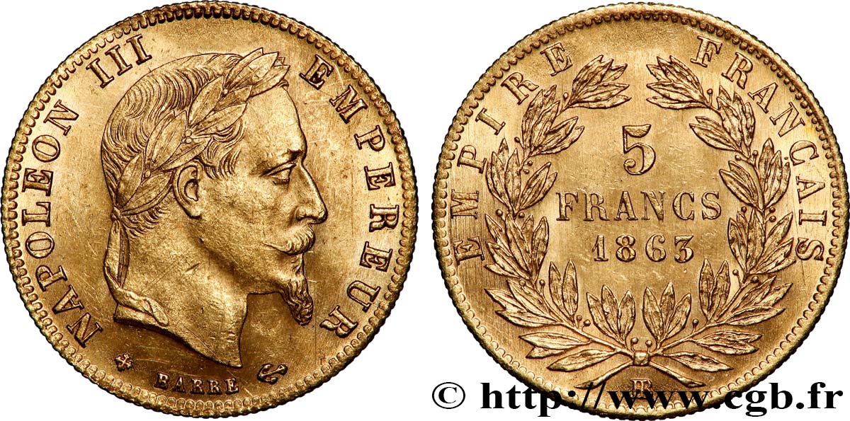 5 francs or Napoléon III, tête laurée 1863 Strasbourg F.502/4 SUP+ 