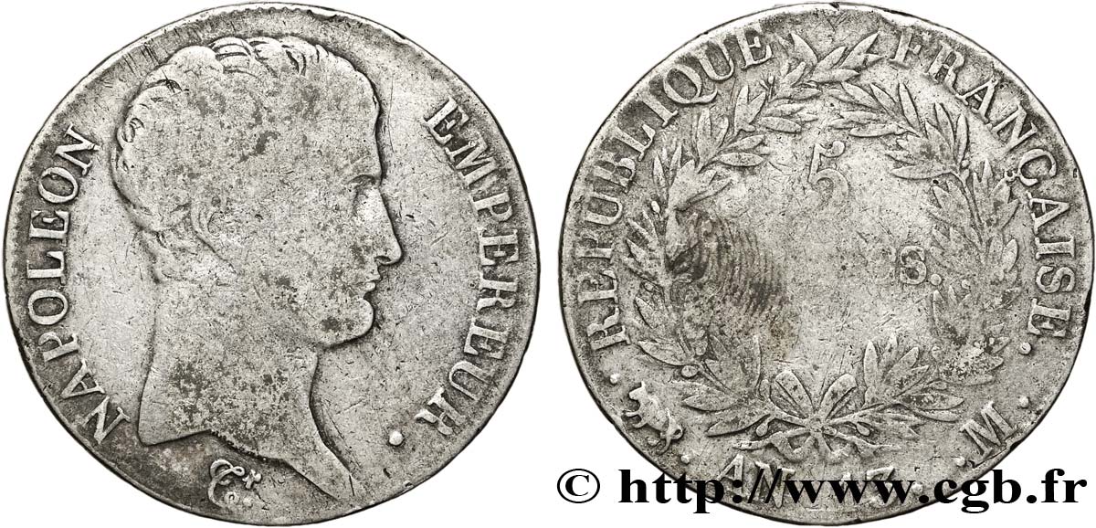 5 francs Napoléon Empereur, Calendrier révolutionnaire 1805 Toulouse F.303/13 TB20 