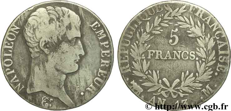 5 francs Napoléon Empereur, Calendrier révolutionnaire 1805 Toulouse F.303/13 TB30 