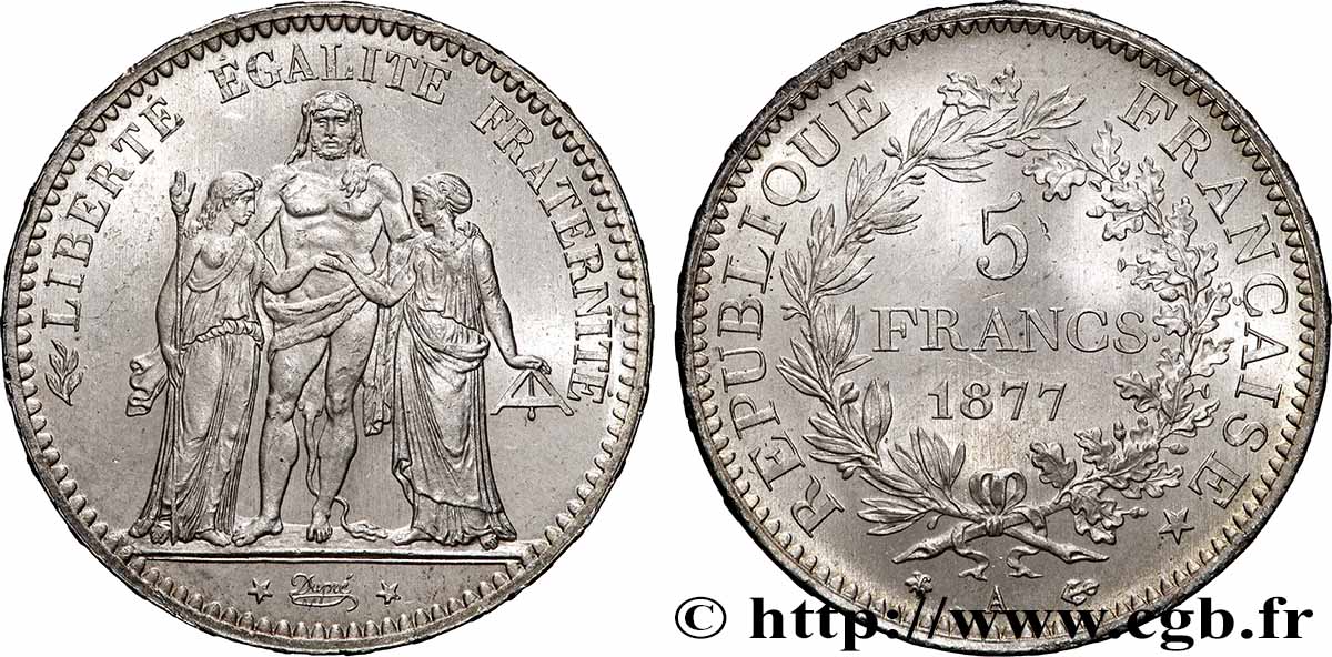 5 francs Hercule 1877 Paris F.334/19 SPL63 