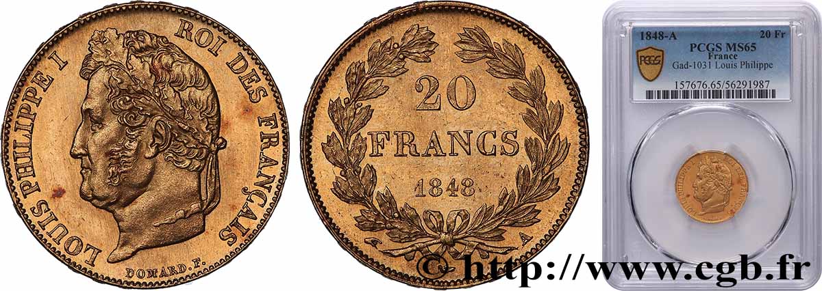 20 francs or Louis-Philippe, Domard 1848 Paris F.527/38 MS65 PCGS