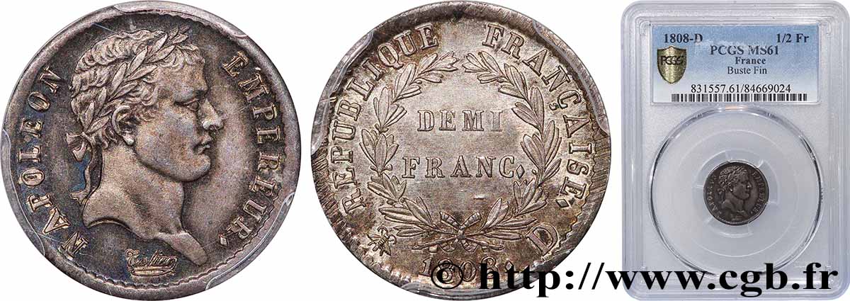 Demi-franc Napoléon Ier tête laurée, République française 1808 Lyon F.177/5 SUP61 PCGS