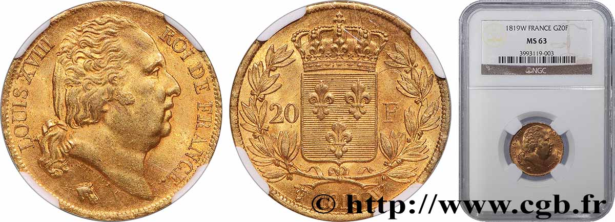 20 francs or Louis XVIII, tête nue 1819 Lille F.519/18 MS63 NGC