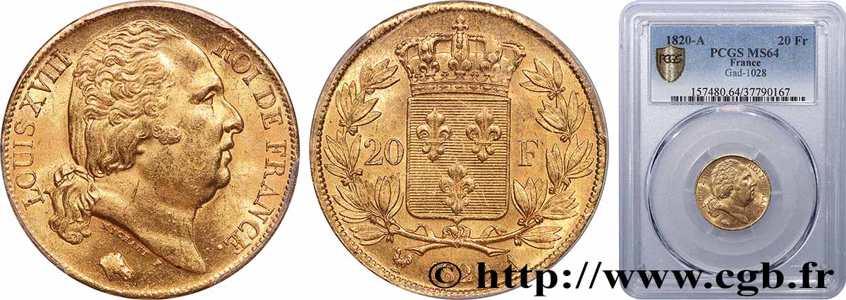 20 francs or Louis XVIII, tête nue 1820 Paris F.519/19 SPL64 PCGS