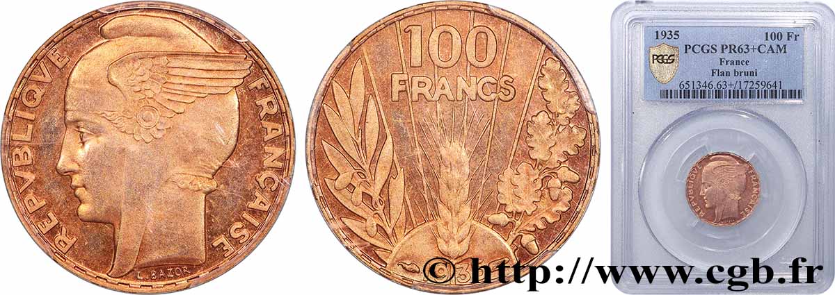 100 francs or, Bazor, Flan Bruni 1935 Paris F.554/7 SPL63 PCGS