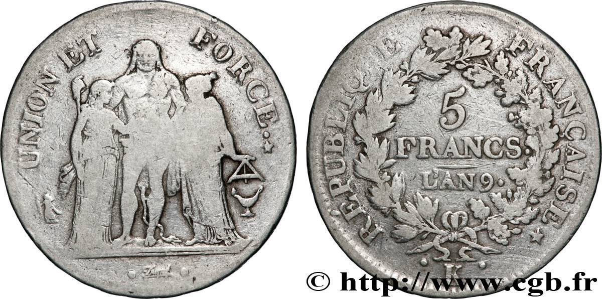 5 francs Union et Force, Union serré, avec glands intérieurs et gland extérieur 1801 Bordeaux F.288/159 F 