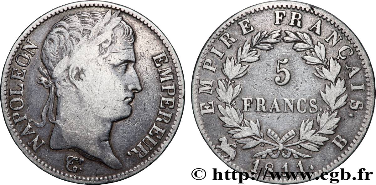5 francs Napoléon Empereur, Empire français 1811 Rouen F.307/28 TB 
