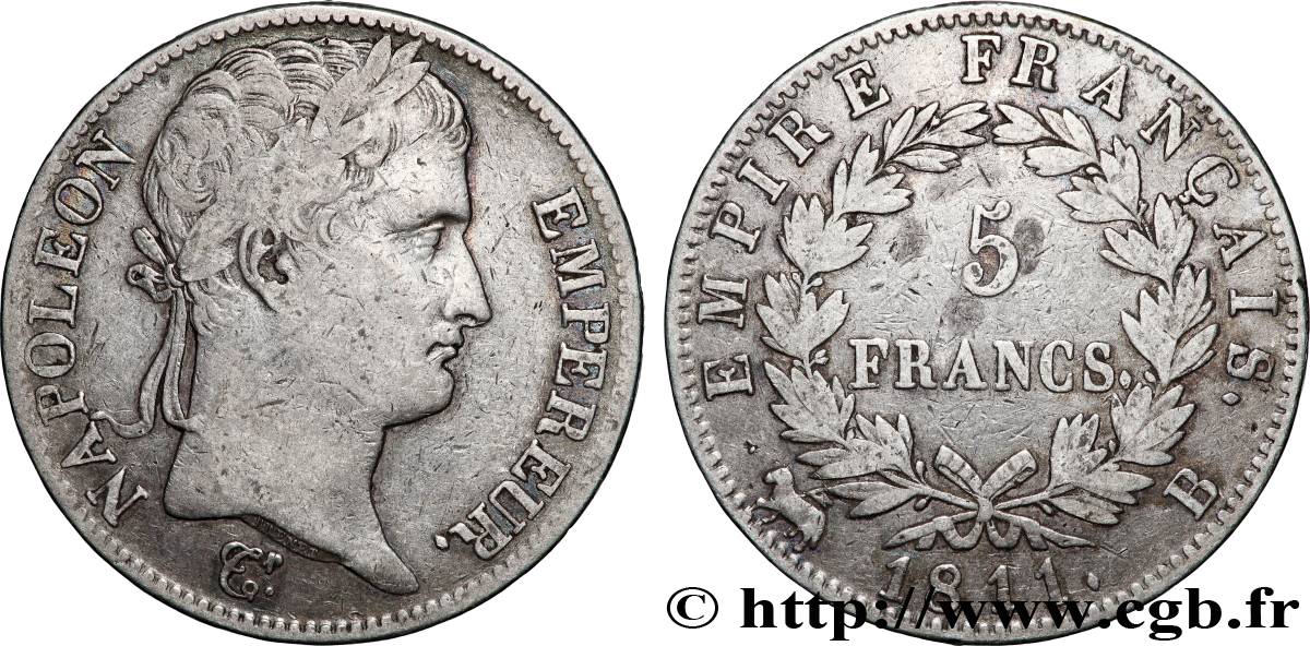 5 francs Napoléon Empereur, Empire français 1811 Rouen F.307/28 TB 