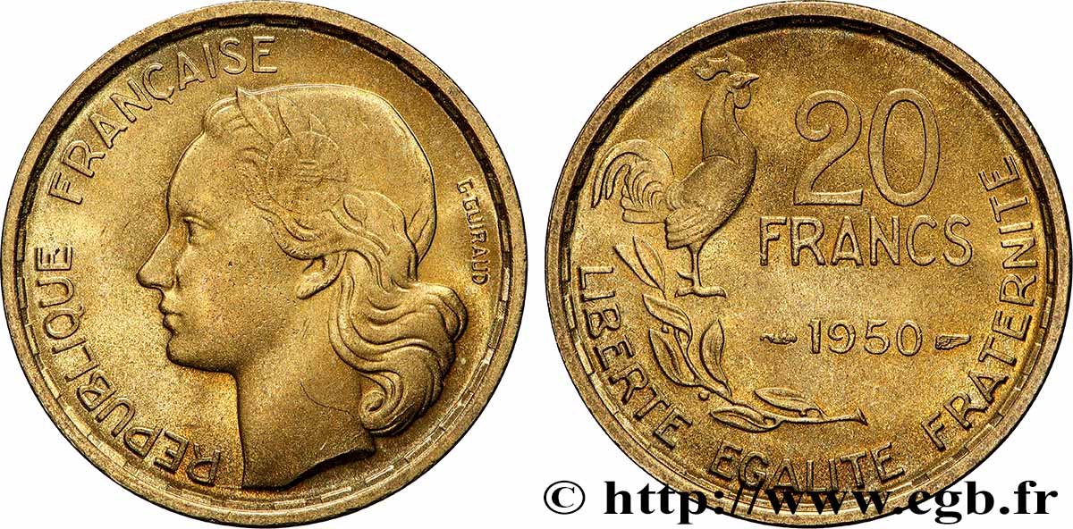 20 francs G. Guiraud, 4 faucilles 1950  F.402/3 SPL63 