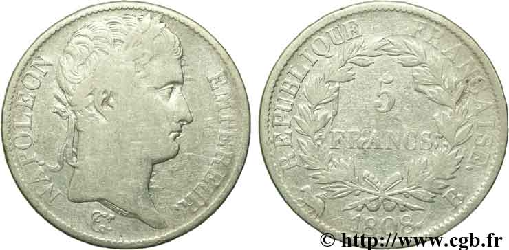 5 francs Napoléon Empereur, République française 1808 Rouen F.306/3 TB20 