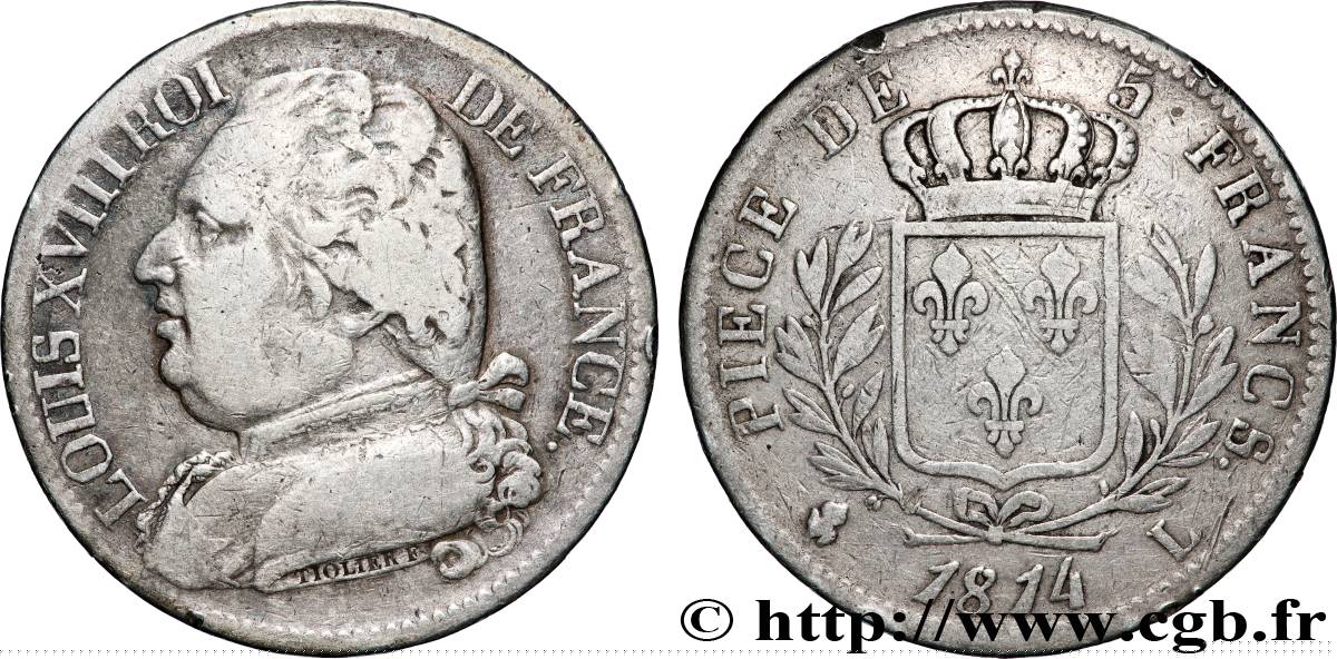 5 francs Louis XVIII, buste habillé 1814 Bayonne F.308/8 TB 