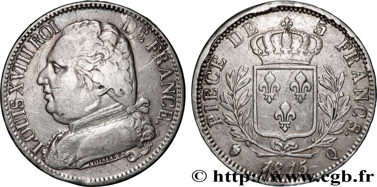 5 francs Louis XVIII, buste habillé 1815 Perpignan F.308/29 TB+ 