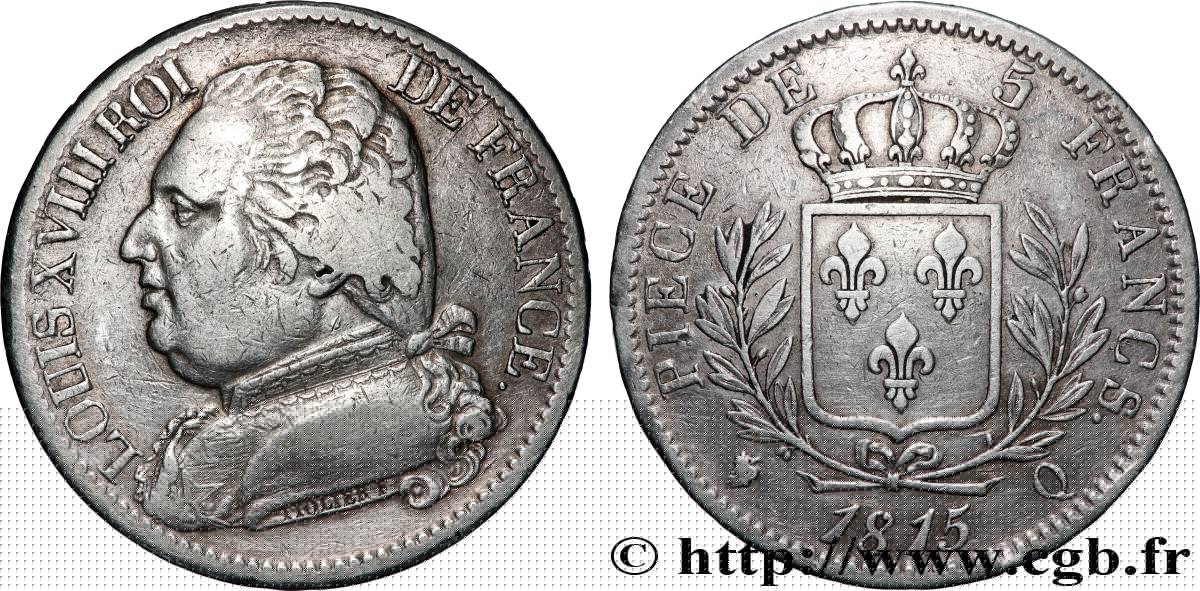 5 francs Louis XVIII, buste habillé 1815 Perpignan F.308/28 TB+ 