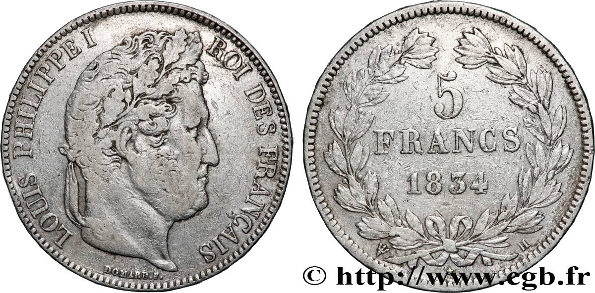 5 francs IIe type Domard 1834 La Rochelle F.324/33 TB 