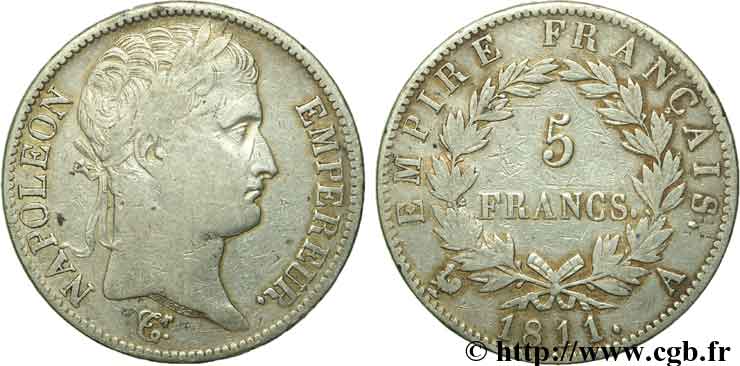 5 francs Napoléon Empereur, Empire français 1811 Paris F.307/27 XF40 