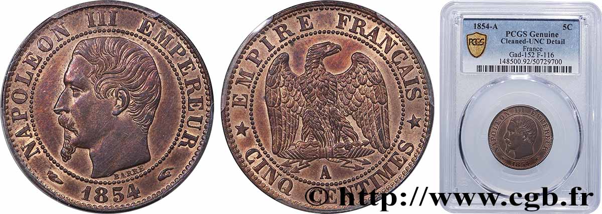 Cinq centimes Napoléon III, tête nue 1854 Paris F.116/8 SPL+ PCGS