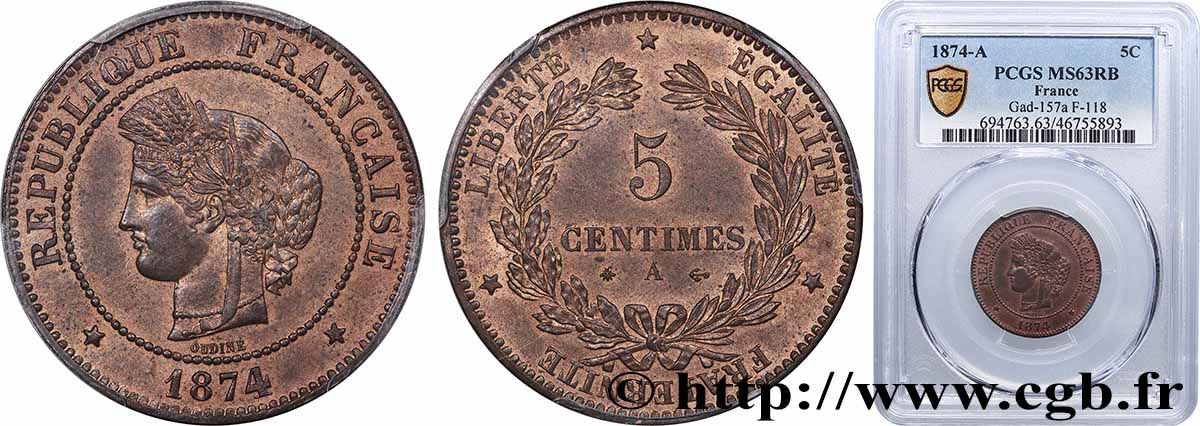 5 centimes Cérès 1874 Paris F.118/9 SPL63 PCGS