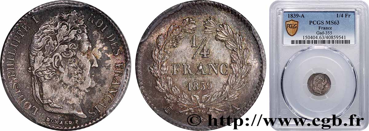 1/4 franc Louis-Philippe 1839 Paris F.166/74 SPL63 PCGS