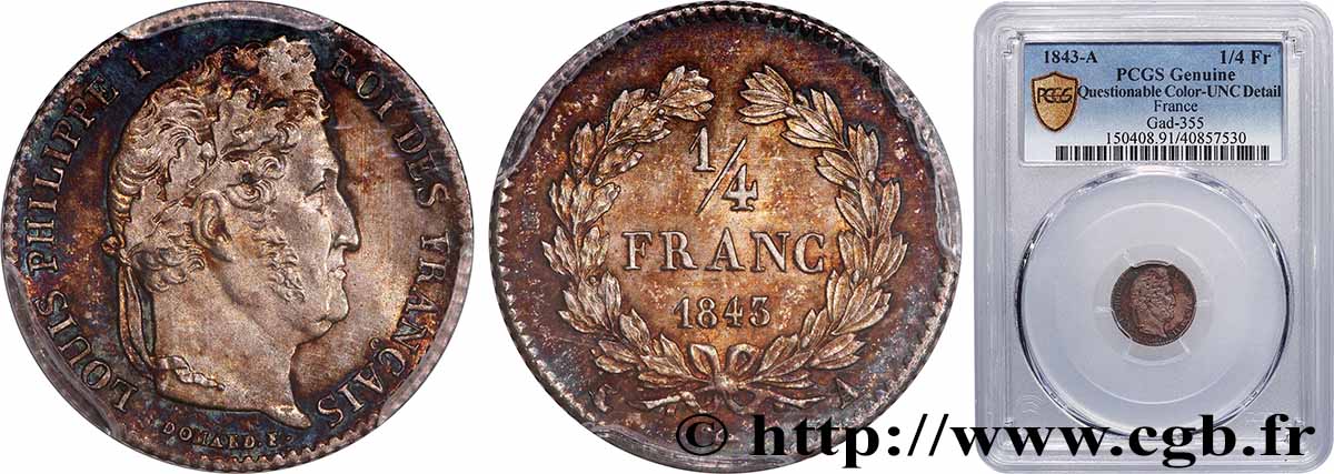 1/4 franc Louis-Philippe 1843 Paris F.166/93 SUP+ PCGS