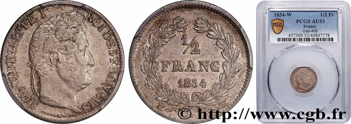 1/2 franc Louis-Philippe 1834 Lille F.182/52 TTB53 PCGS