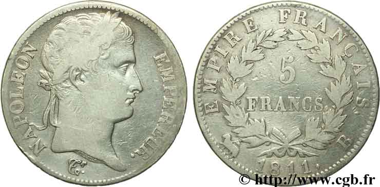 5 francs Napoléon Empereur, Empire français 1811 Rouen F.307/28 TB20 