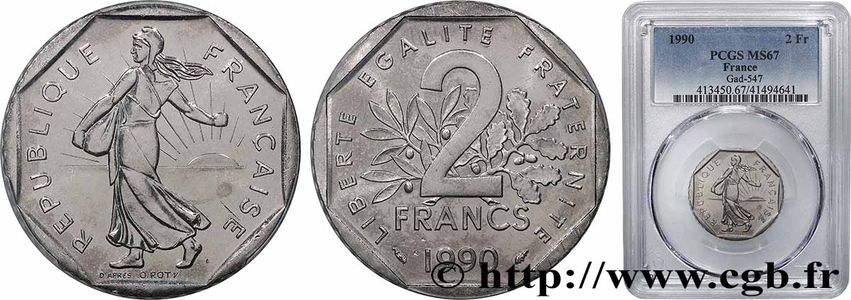 2 francs Semeuse, nickel 1990 Pessac F.272/14 MS67 PCGS